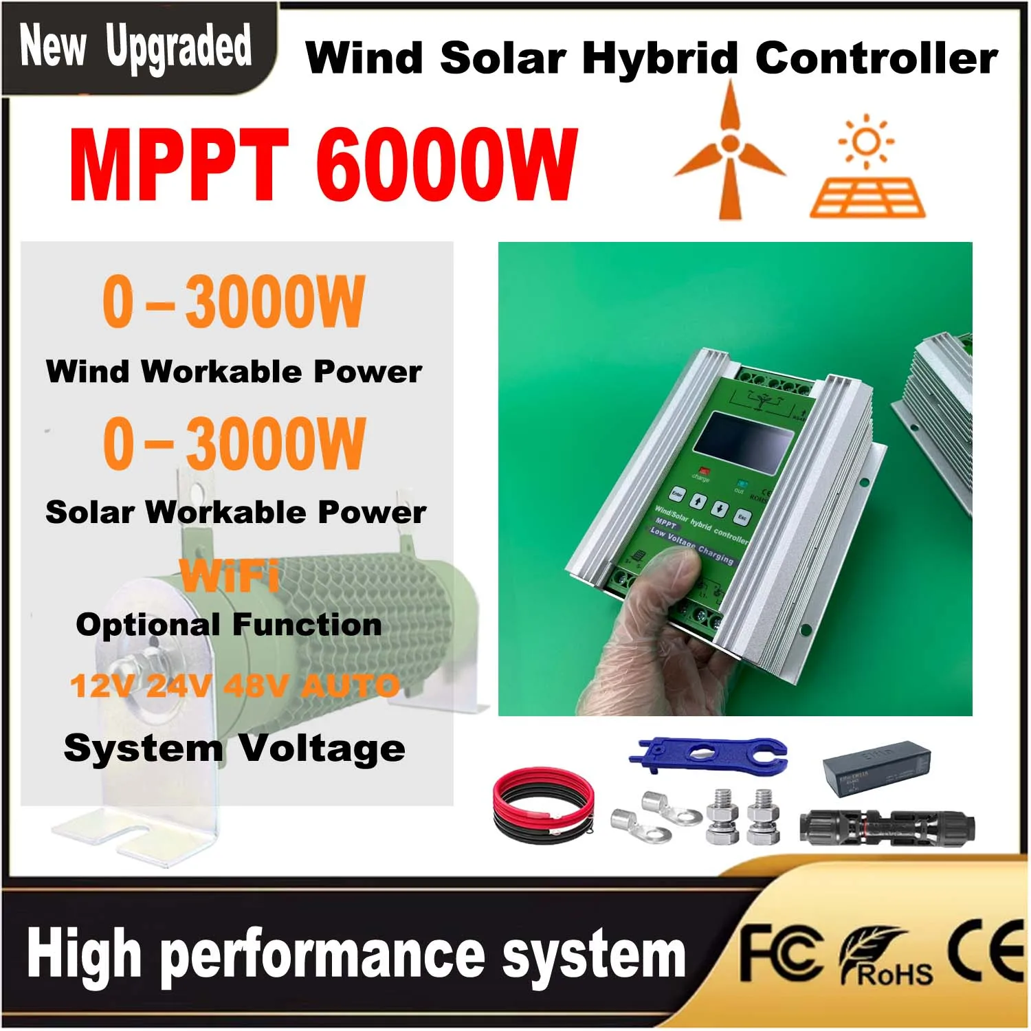 JNGE 12V 24V 48V 3000W Wind Solar Hybrid Charge Controller MPPT Charge for Solar Panel Wind Turbine Lithium Lead Acid Battery