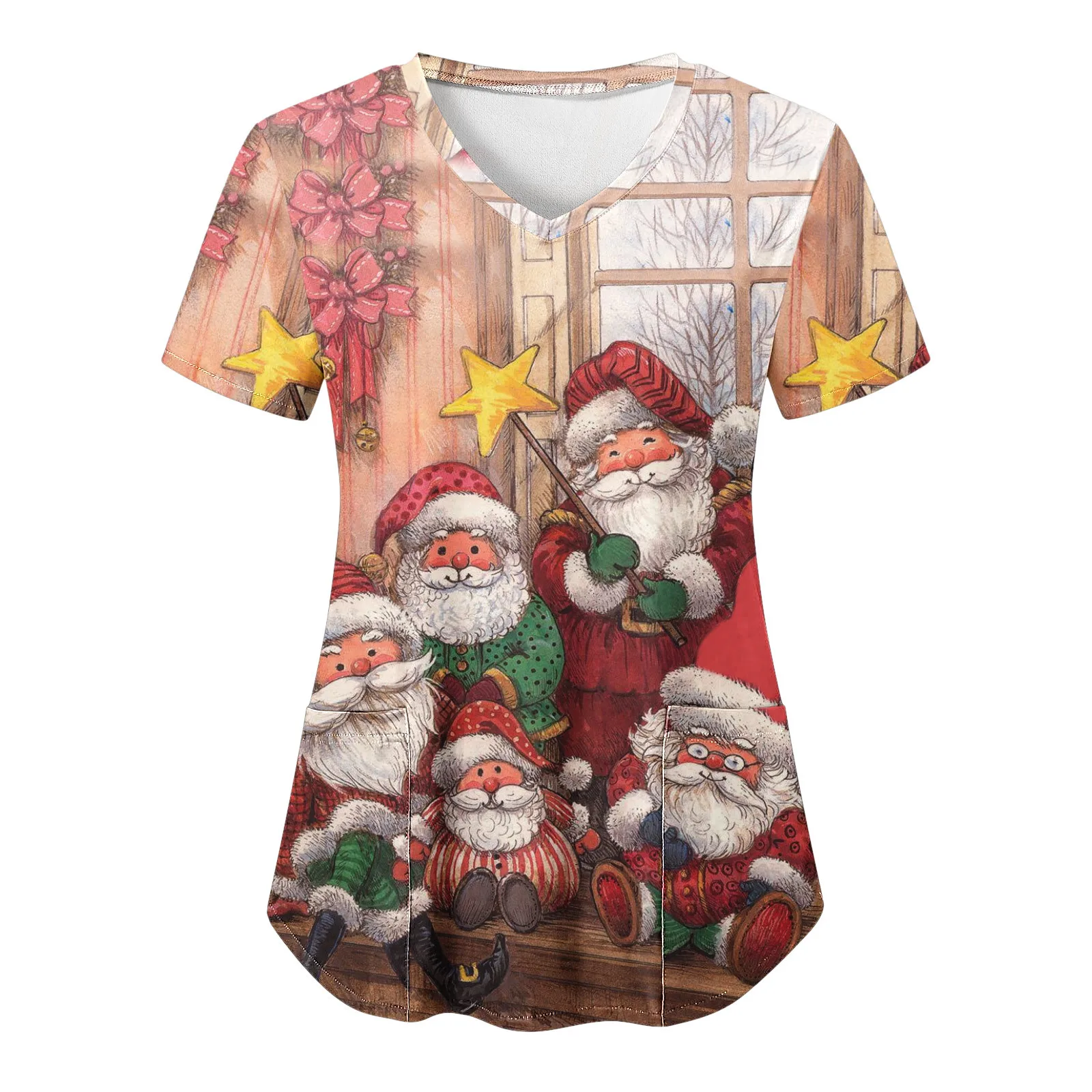 Women's Nursing Caring Uniform Casual V Neck Christmas Cute Cartoon Santa Reindeer Print Short Sleeve With Pocket Work Shirt Top