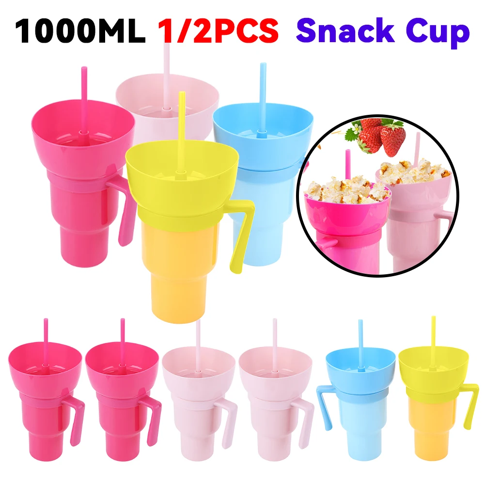 1000ml 2 in 1 Popcorn Beverage Cup Leak Proof with Handle Straw Stadium Tumbler Multi-Purpose Popcorn Snack Cup Coffee Mug
