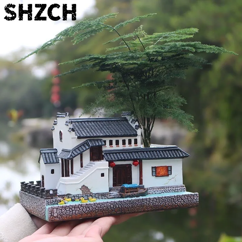 Chinese Courtyard Landscaping Desktop Miniature Landscape Decoration Jiangnan Architectural Model Decor Bonsai Flowerpot ZI855