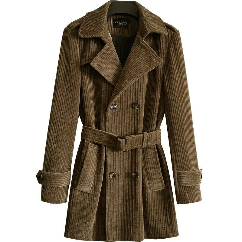 A Retro Corduroy Trench Coat for Men Mid-length Spring Autumn New Double-breasted Jacket Trendy Comfortable Bestseller for Men