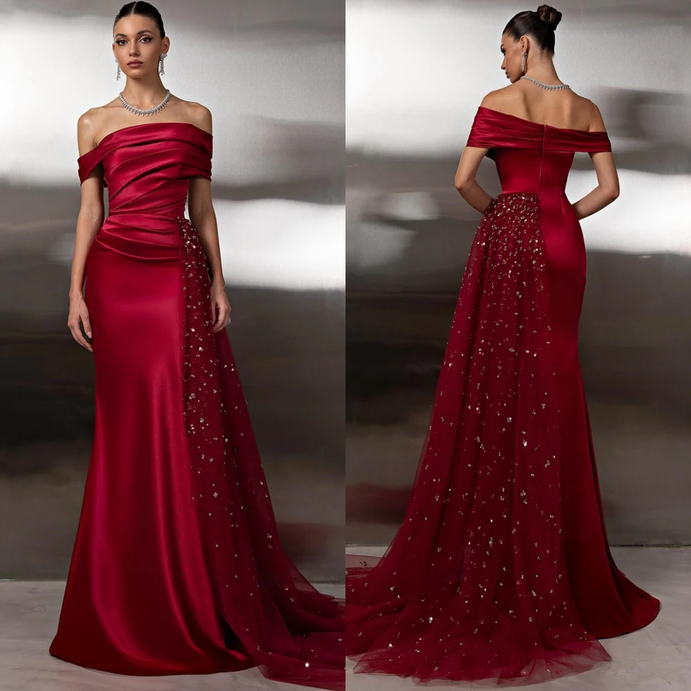 

Customized Graceful Satin Boat Neck Evening Dress Exquisite Sequined Prom Dresses Delicate Sweep Train Special Occasion Gowns
