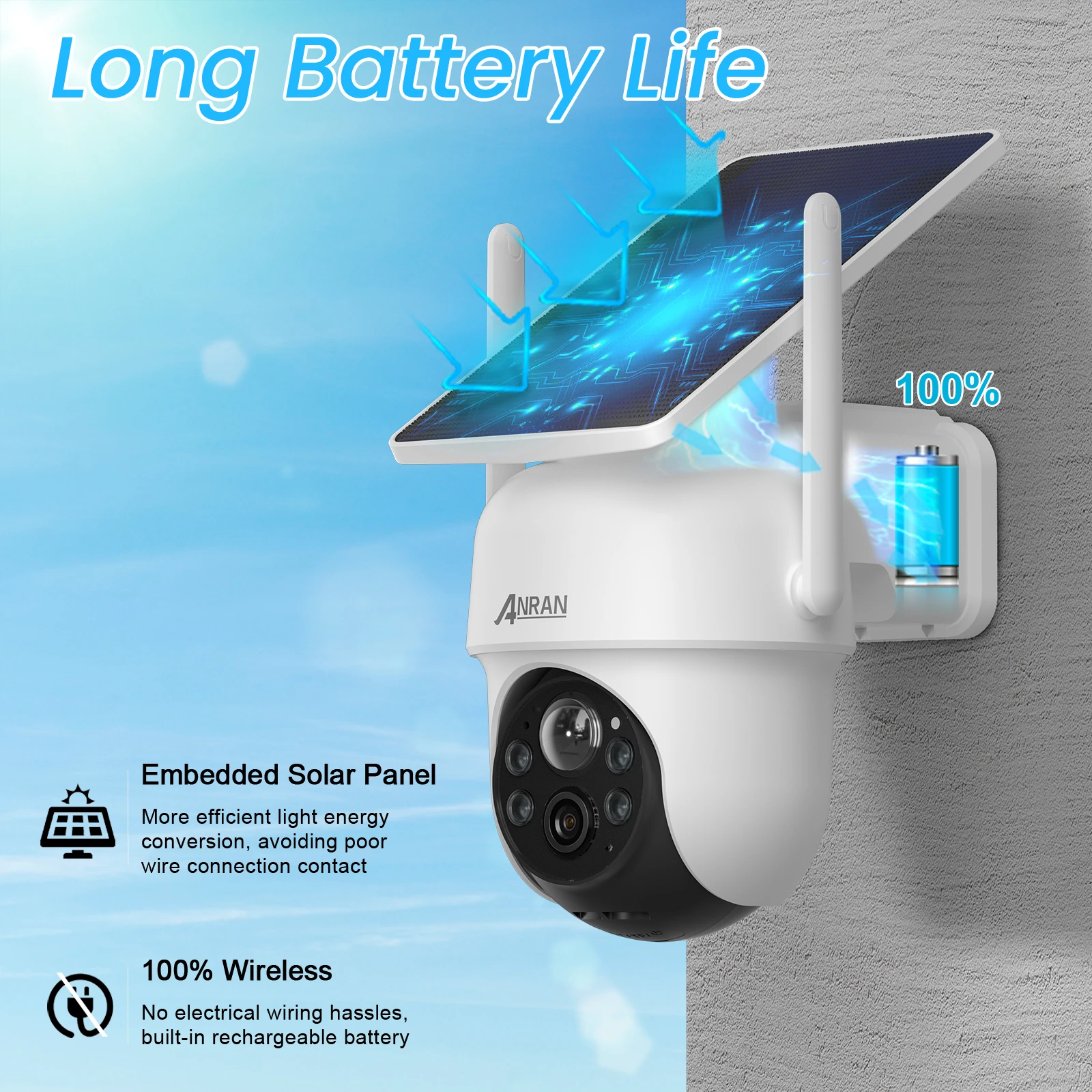 ANRAN 2K Solar Camera Kit 4MP Battery Camera Solar Panel 4CH NVR Home Security Protection System Humanoid Detection Siren Alarm