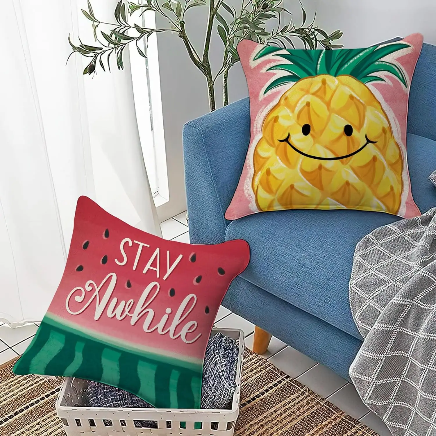 4PCS Cute Fruit Pillow Case, Smiley Pineapple Watermelon Cushion Cover, Summer Tropical Decor, Living Room Sofa Throw Pillow