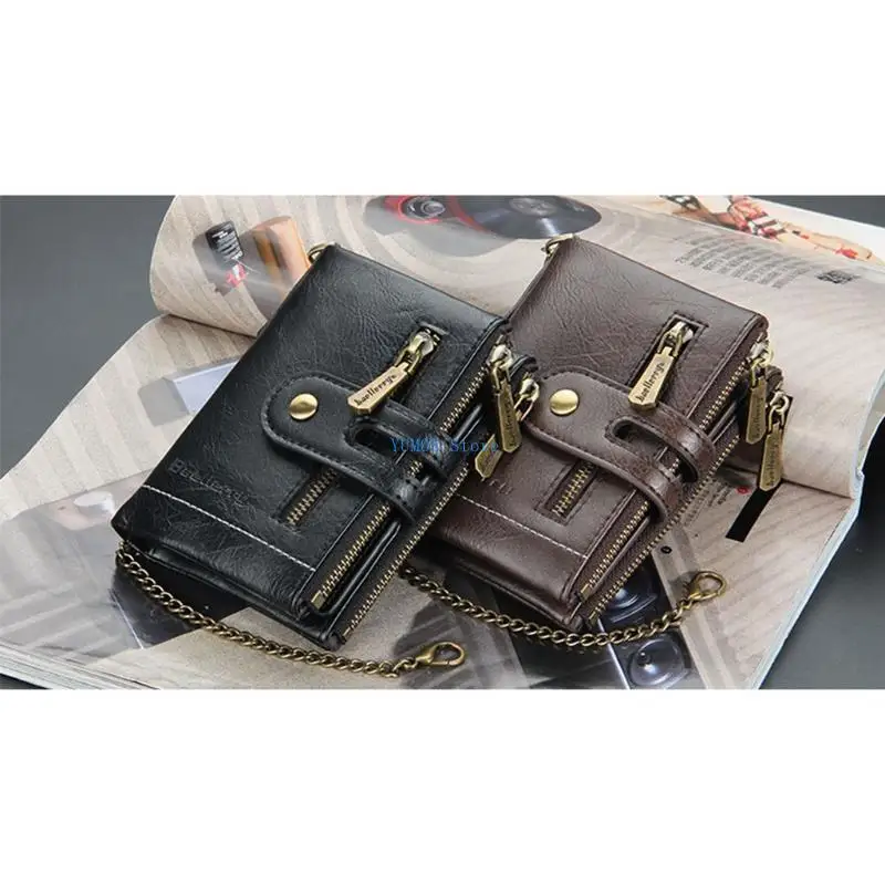 D0UD Chain Wallets for Men Rfid Blocking Genuine Leather Bifold Stylish Black Wallet
