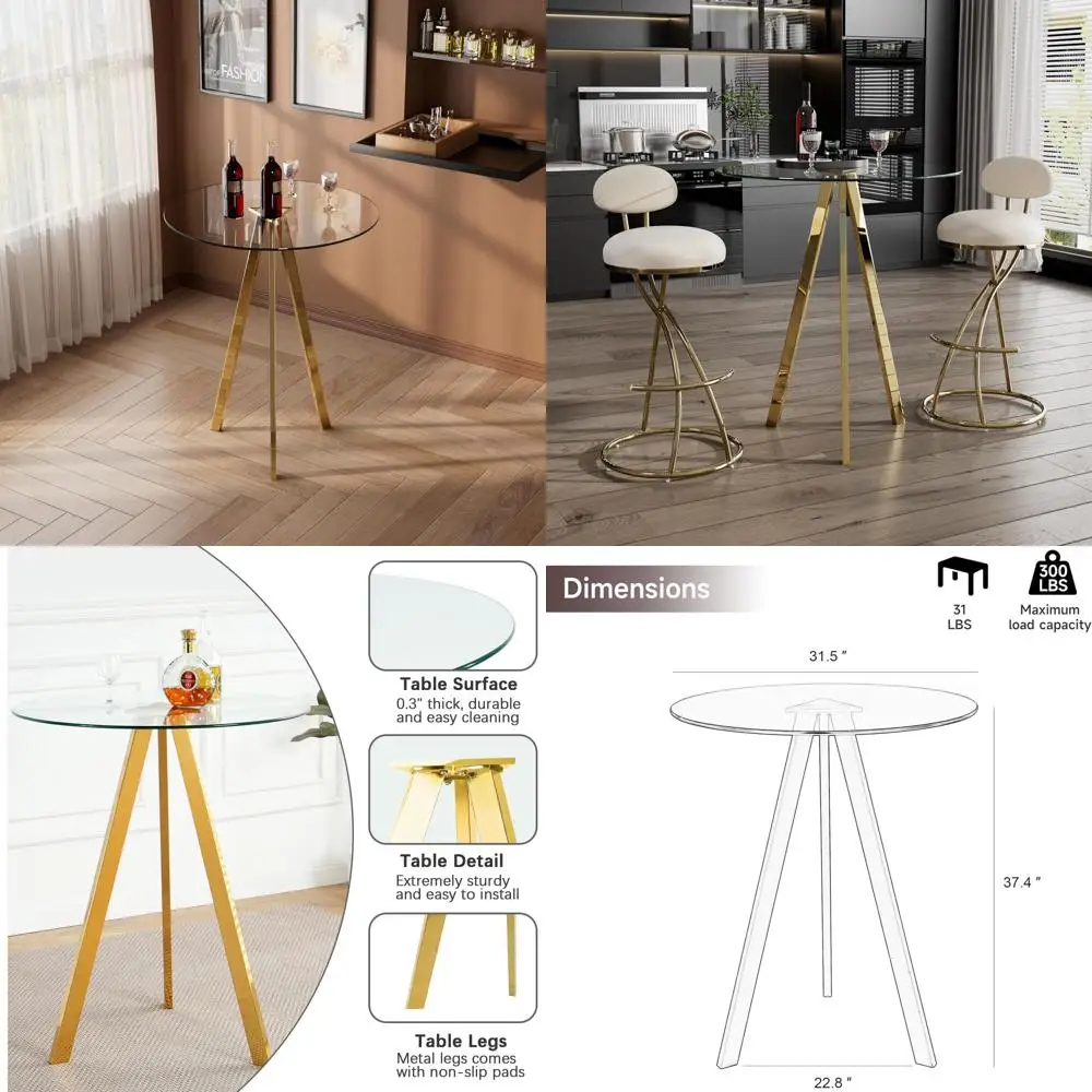 

Elegant 37.4 High Round Pub Table, 31 Glass Top Cocktail Table with Metal Base, Ideal for Small Spaces and Bistro Settings, Gold