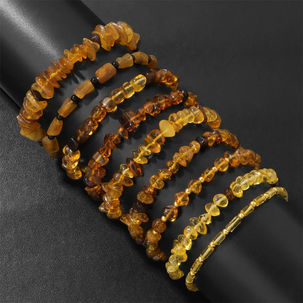 Irregular Natural Amber Beads Bracelets for Women Men Baltic Beeswax Stone Elastic Stretch Bangle Bracelets Jewelry