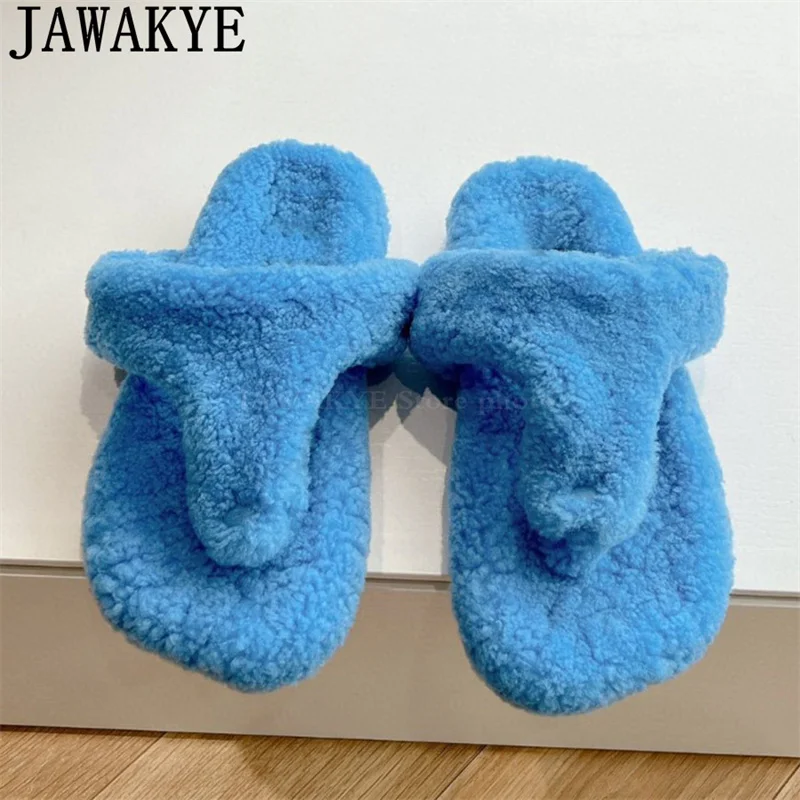 Plush Flip Flops Flat Slippers Women Summer Pinch Toe Slippers Hairy Designer Mules Slippers Fashion Casual Punk Slippers Men