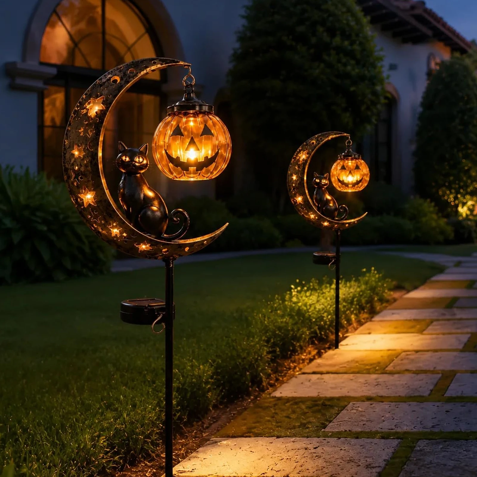 Solar Cat Moon Solar Lamp Outdoor Weatherproof Metal Pumpkin Stake Lights Auto On/Off for Outdoor Patio Pathway Yard Lawn Decors