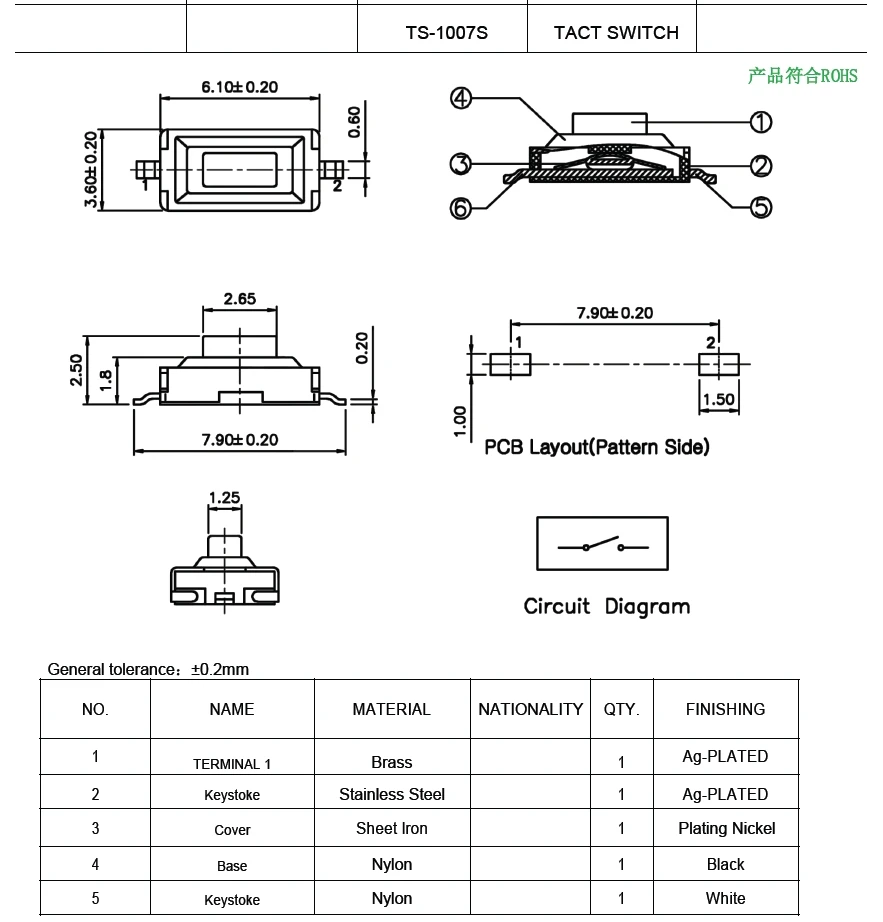 10 قطعة/TS-1007S-26(6.1X3.6X2.5) TS-1007S-AR02516(6.1X3.6X2.5) مفتاح اللباقة