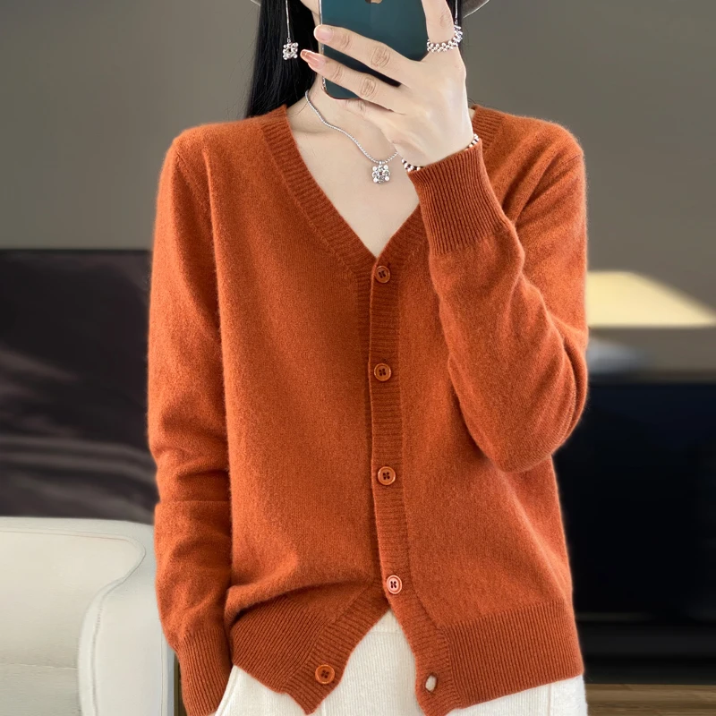 Autumn Winter 100% Merino Wool Cardigan Women Cashmere V-neck Sweater Long Sleeve Solid Knitwear Female Bottoming Soft Clothes