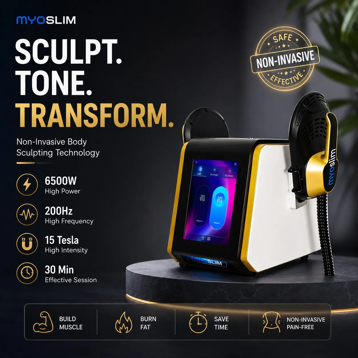 Portable MYOslim 6500W 15Tesla EMS Body Sculpt Machine for Home and Beauty Salon Use Body Contouring Muscle Building Equipment