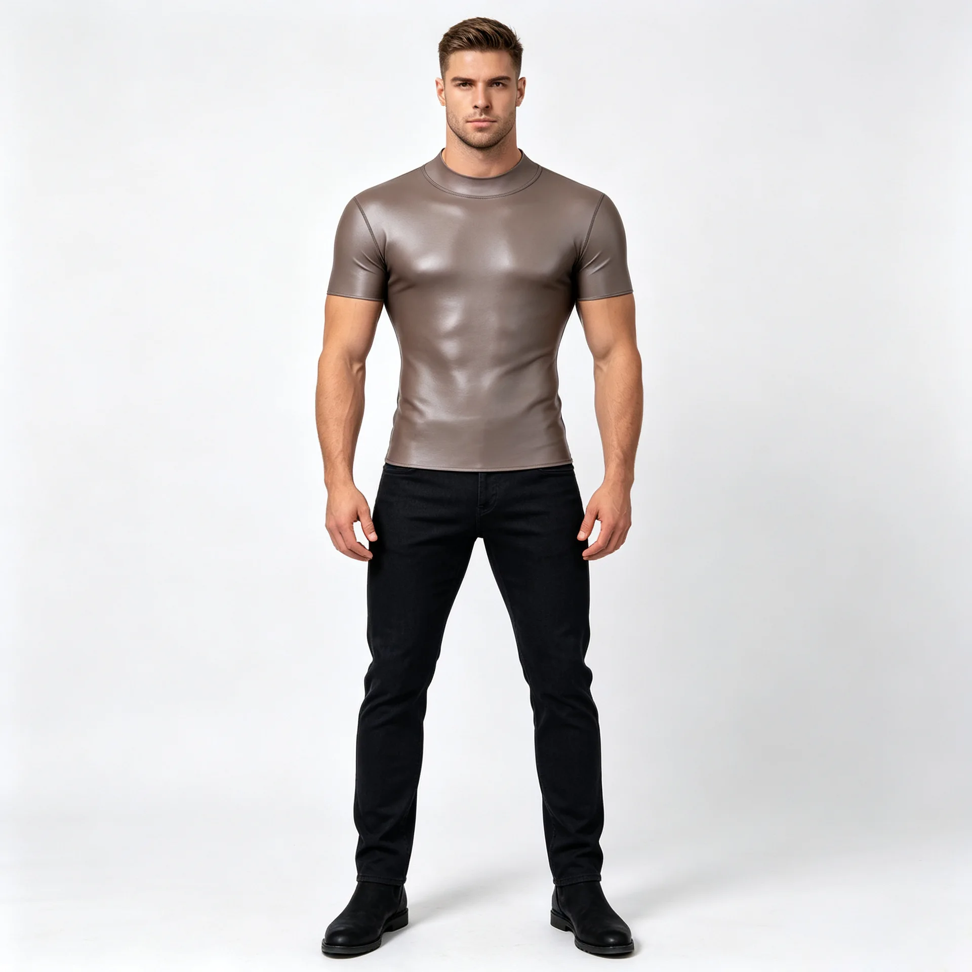 Men's Faux Leather Shaping Top Slim Fit Mock Neck Short Sleeve