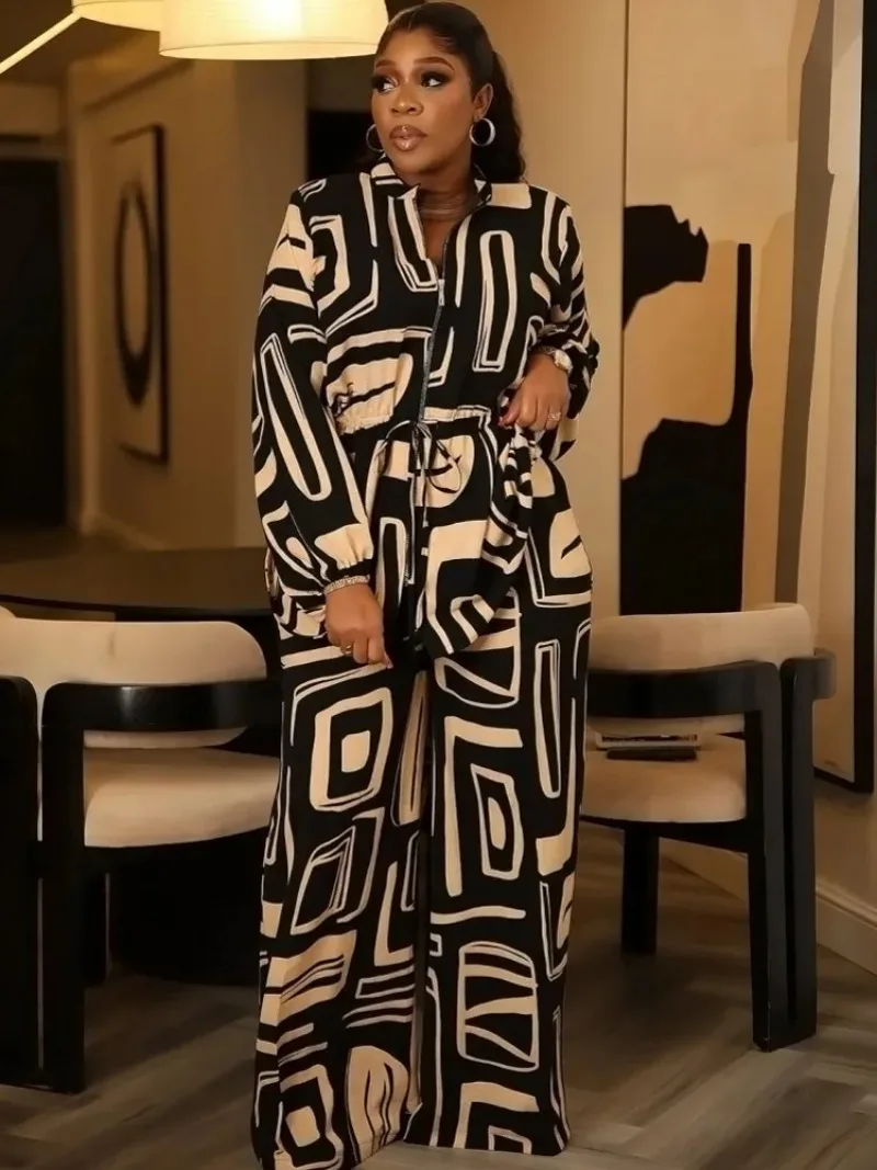 

Spring Autumn Printing Two Piece Outfits Woman Fall Clothes Long Sleeve Zipper Drawstring Waist Top and Wide Leg Pants Suit
