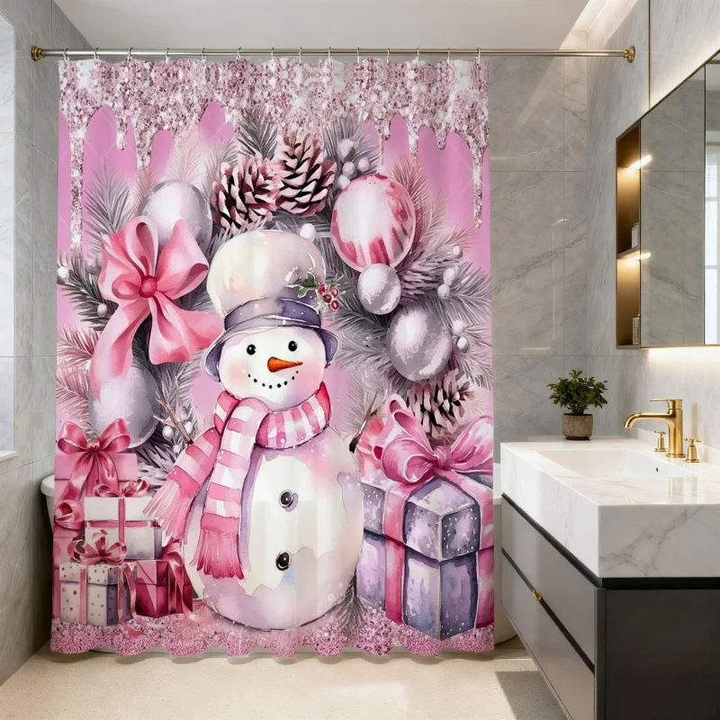 Christmas Shower Curtain Snowman Gingerbread Man Santa Xmas Tree Reindeer Waterproof Bath Curtain Holiday Decor w Hook