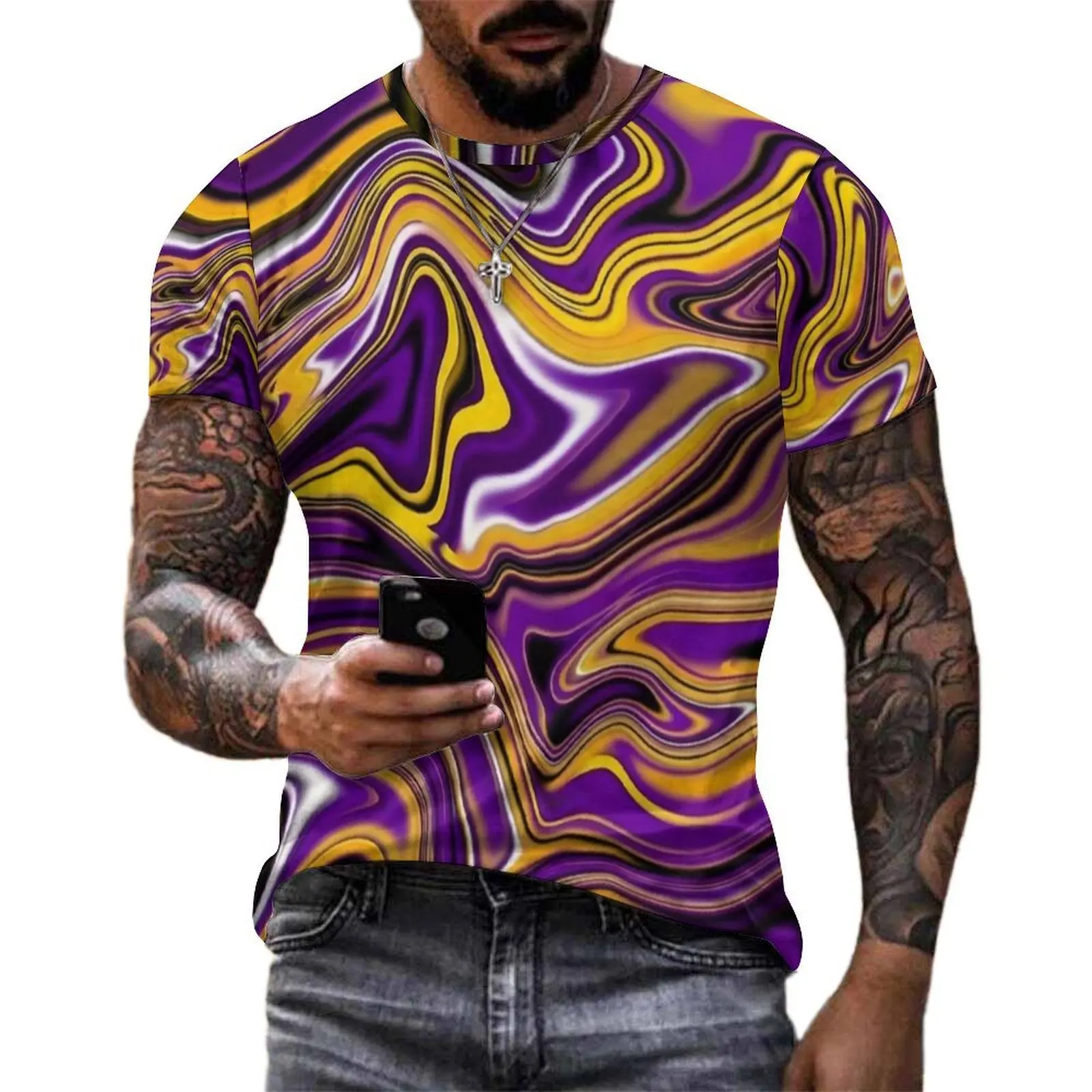 Purple Gold Swirl Fluid Art T-Shirt  Trendy T-Shirts Men Y2K Casual Tshirt Summer Short Sleeve Printed Top Tees Plus Size 6XL