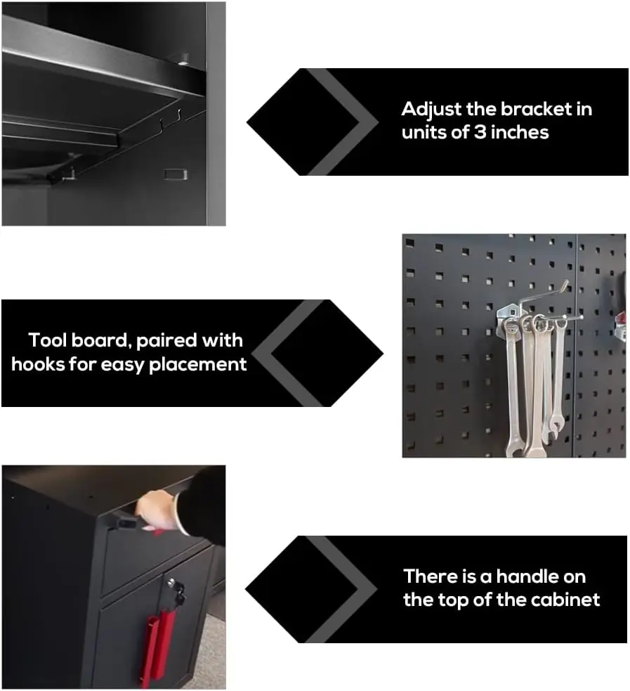 6-Pcs Workshop Storage Cabinet Set in Black with Workbench - for Organizing Garage and Tools - Included Steel Cabinets Drawers