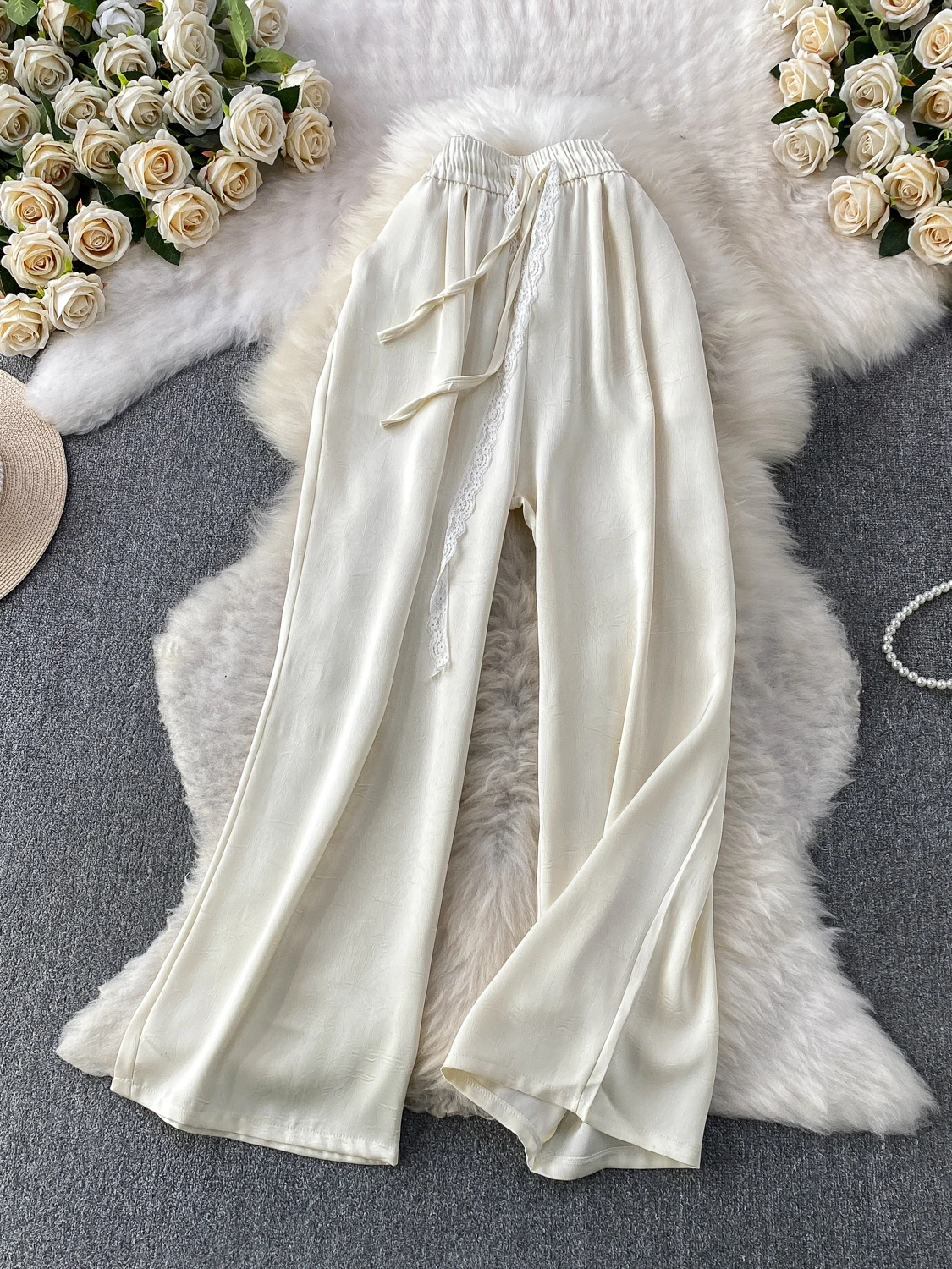 Silky Smooth Satin Wide Leg Pants Women's High Waist Lace Tie Design Summer Slimming Straight Cut Trousers Commute Style