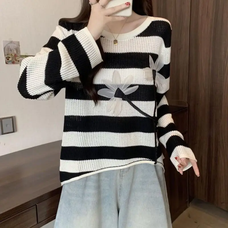 

Свитер, трикотаж, женский свитер больших размеров, осенняя новая мода, универсальный элегантный вязаный свитер с цветочным принтом, свободный крой, привлекательный для похудения