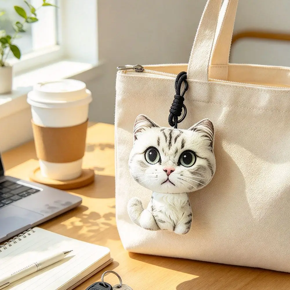 Cartoon Design Cat Plush Doll Keychain Big Head Soft Plush Stuffed Cat Bag Charm Realistic Cat Plush Pendant Bag Decoration