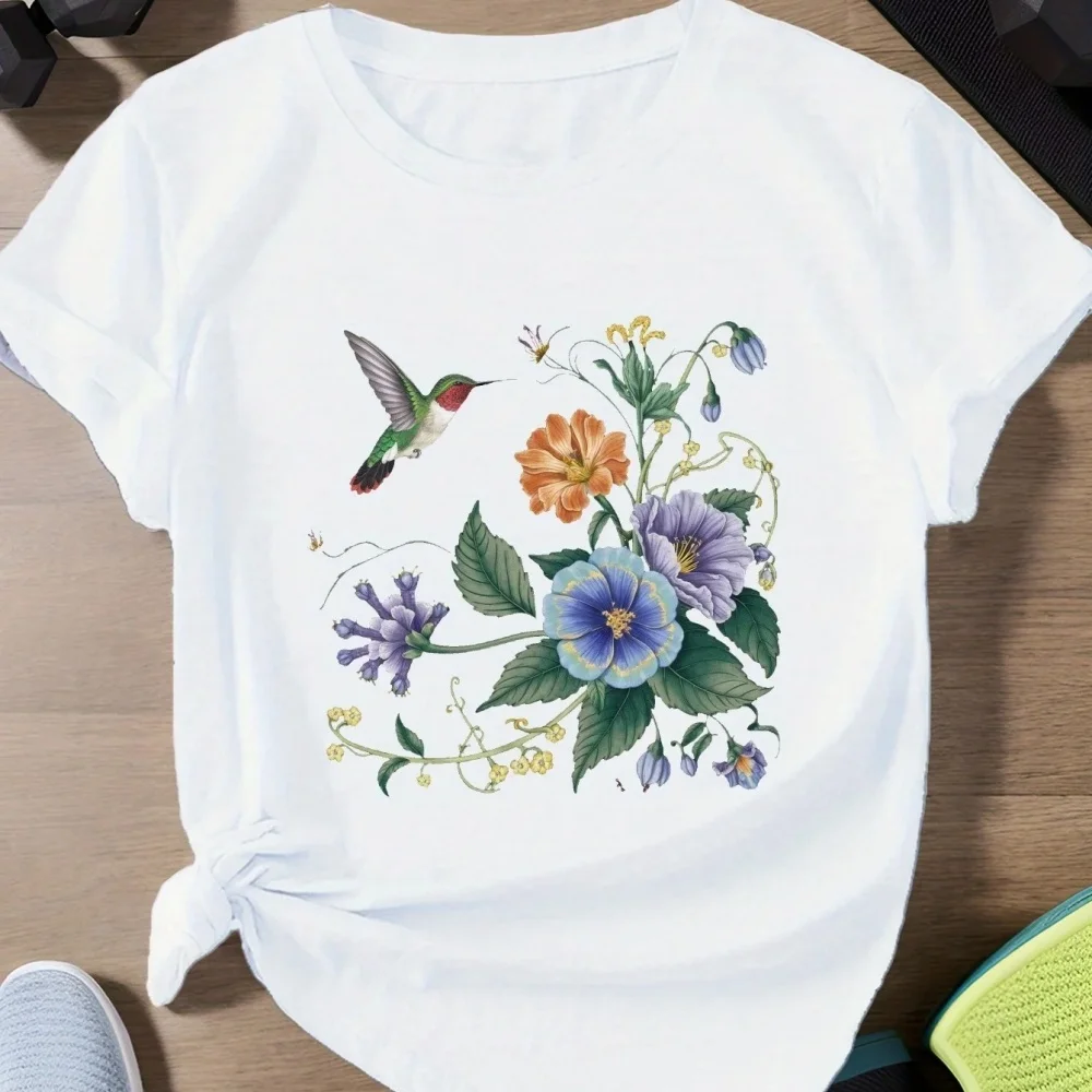 Short Sleeve T-shirts Women Shirt Stylish Bird Flower Graphic Top Print Watercolor Flower Trend Fashion Female Casual Clothing