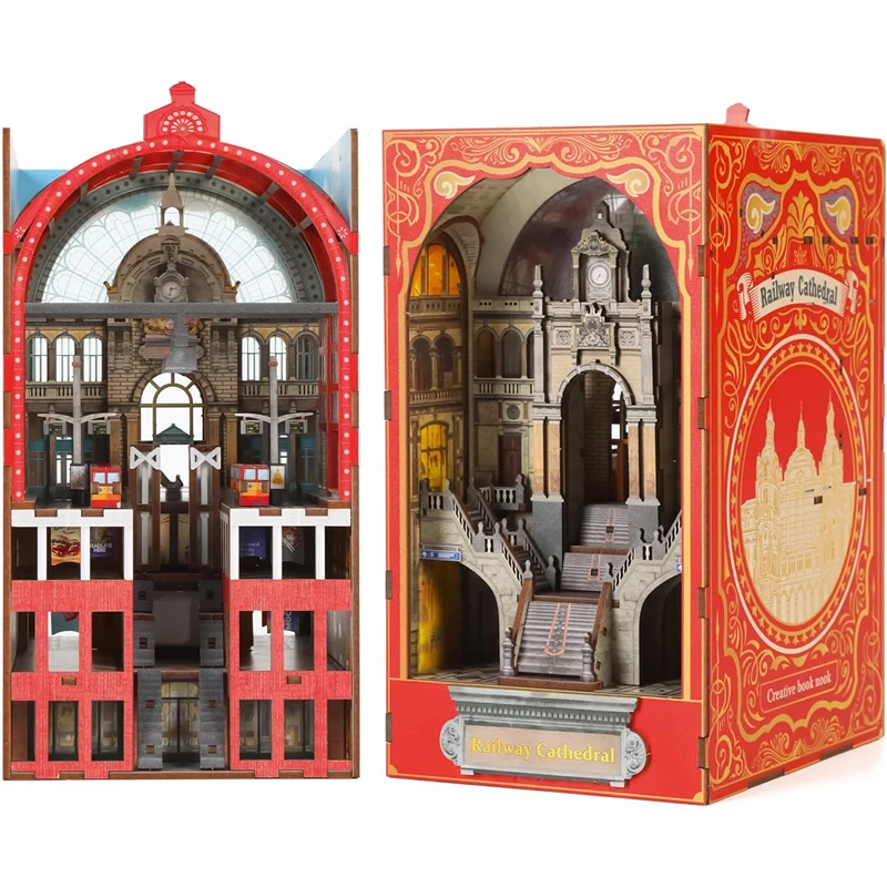 

NEW DIY Wooden Railway Cathedral Book Nook Shelf Insert Kits Miniature Building Kit Bookshelf Assembled Bookends Friends Gifts