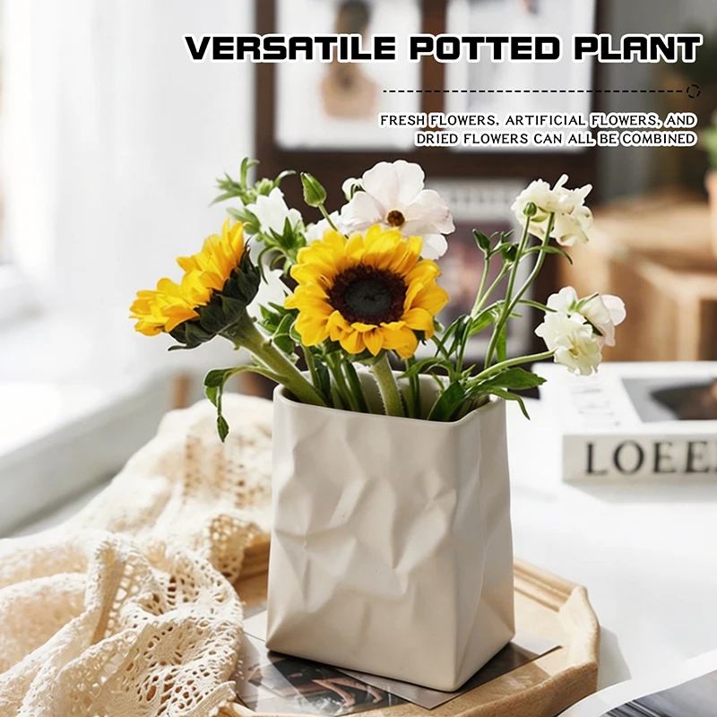 Modern Crinkled Paper‑Bag Inspired Resin Vase Square Flower Pot for Home Dining Room Entryway Nordic Style Home Decoration