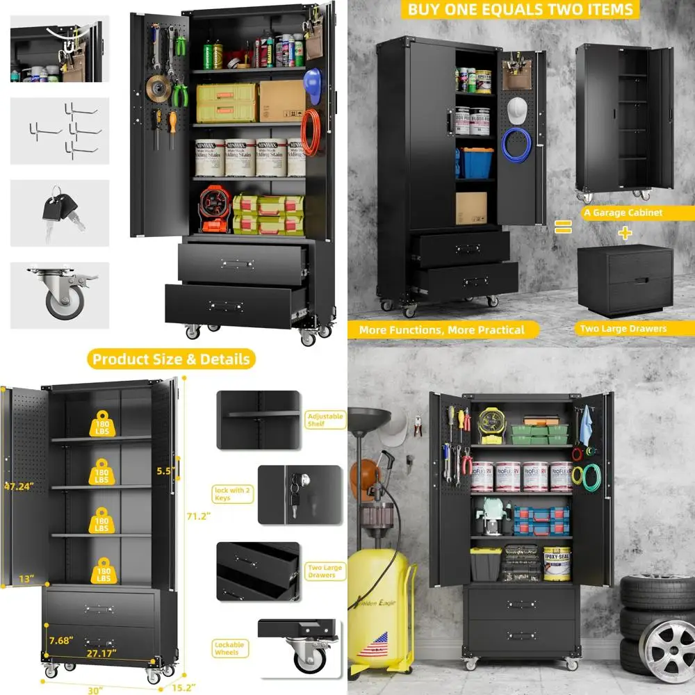 

Металлический гаражный шкаф для хранения вещей с двумя ящиками и перфорированной доской, запираемыми дверями для организации домашнего офиса