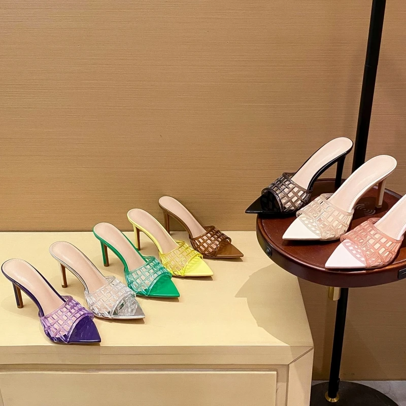 

New Summer Women's Pointed Stiletto High Heels Hollow Air Quality Woven Half Slippers Retro Sandals Outdoor Slippers