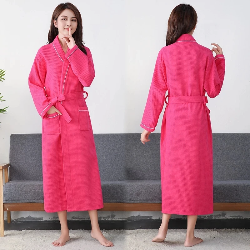 เสื้อคลุมอาบน้ําผู้หญิง 100% วาฟเฟิลผ้าฝ้ายยาวพิเศษ Robe Solid Robe หญิงยาวสบายๆชุดนอนชุดนอนสําหรับสตรี Robe ฤดูใบไม้ผลิ