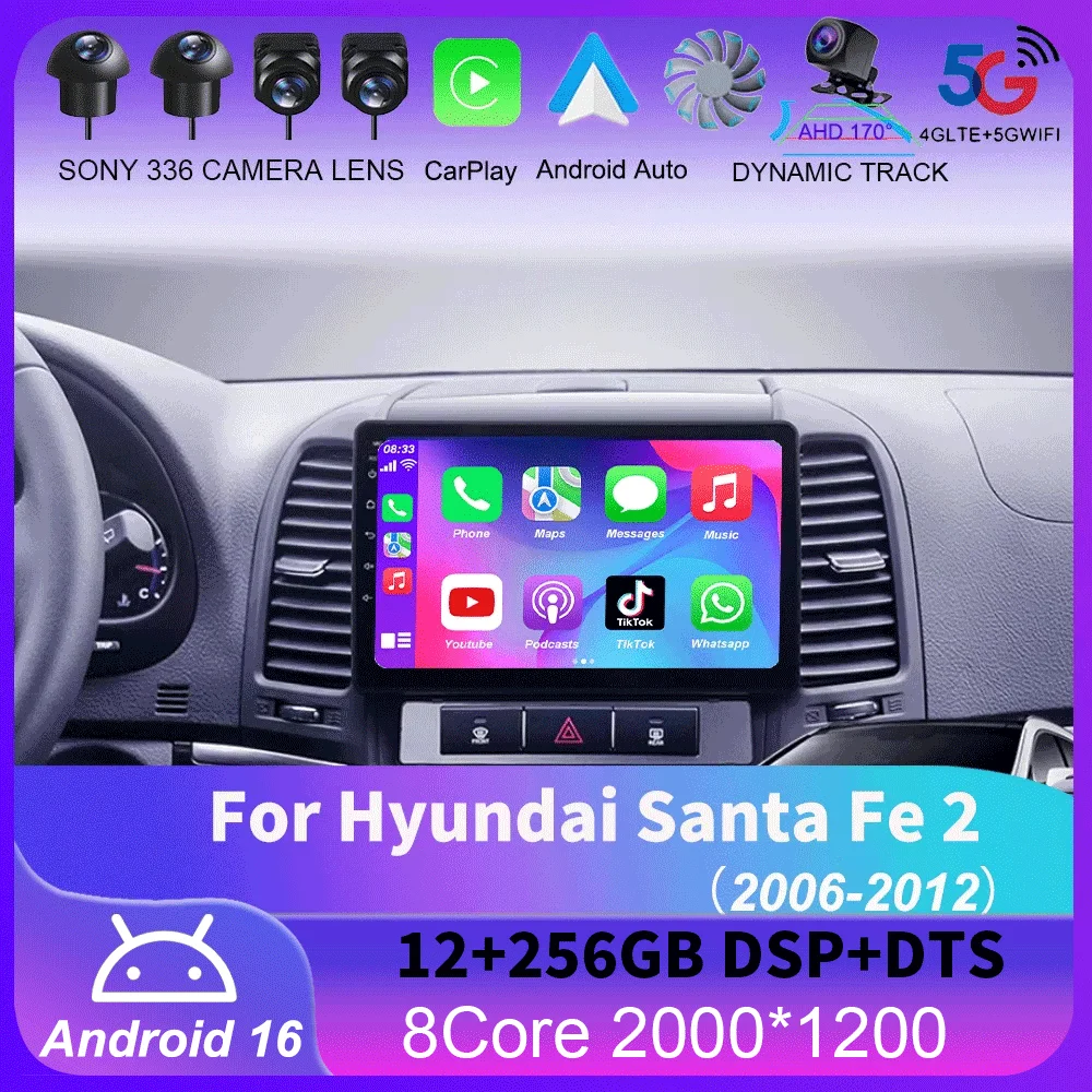 

Для Hyundai Santa Fe 2 2006-2012: Автомагнитола с Carplay, 4G+WIFI, GPS-навигацией, мультимедийным видеоплеером, стереосистемой, Bluetooth, Android 16