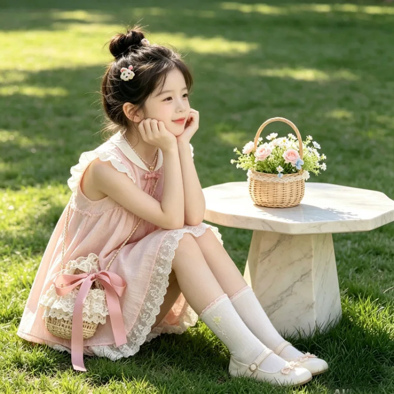 Girl's Sleeveless Lace Dress Summer Dress 2026 Summer New Item for Baby Girls, Stylish and Super Beautiful Patchwork Skirt