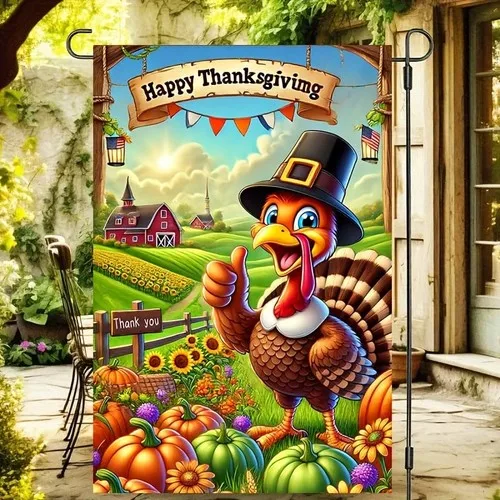 Happy Thanksgiving Garden Flags 12x18 inch with Cartoon Turkey and Turkey #1 RRM IIX SSL