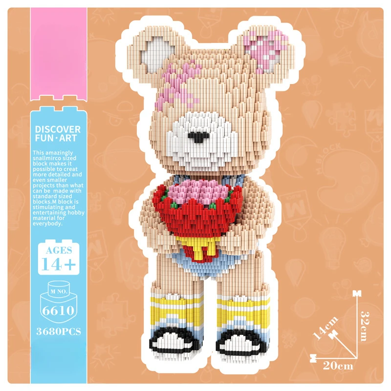 32Cm Bouquet Bear Tiny Particles Building Block Assembly Educational Toys Men and Women Brain Birthday Gift Living Room Ornament