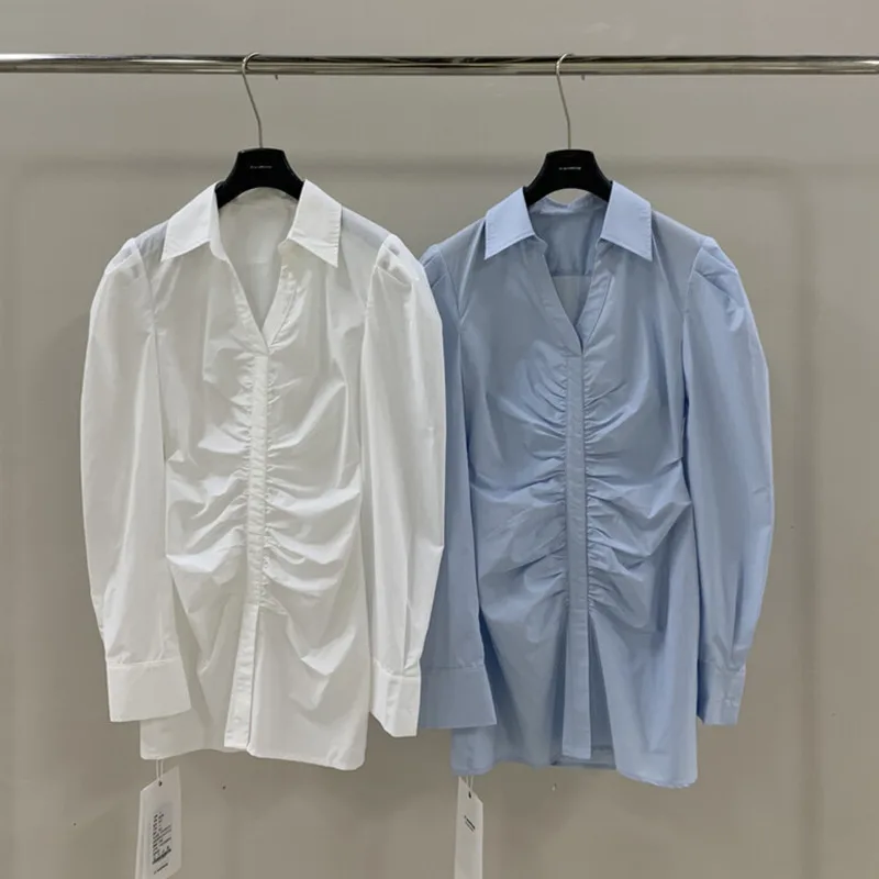 KWTX 여성 셔츠 드레스 벨트 허리 주름 라펠 우아하고 세련된 캐주얼 파티 봄 여름 2025 편안한 미니멀리스트 럭셔리