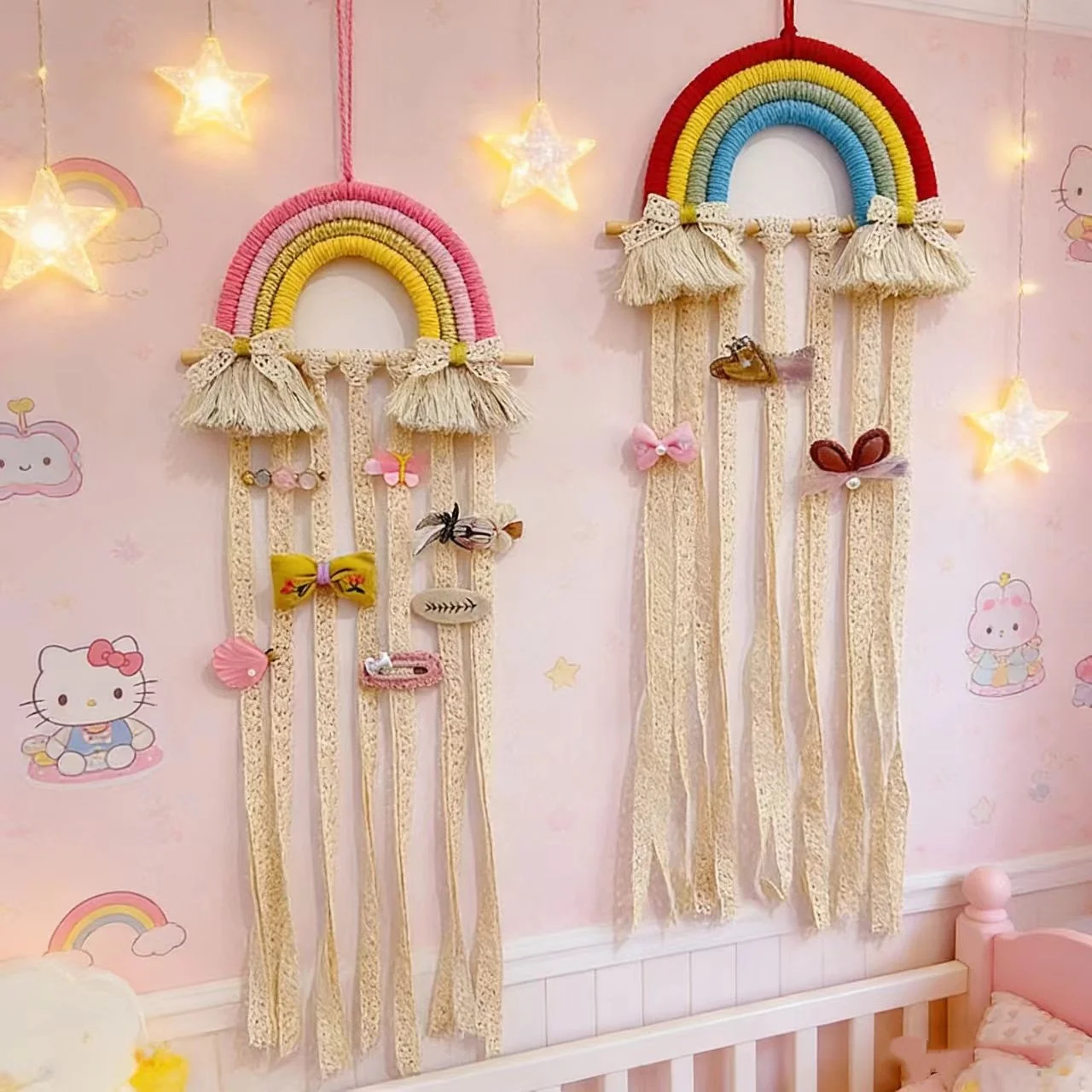 Support mural en macramé arc-en-ciel pour nœuds à cheveux, rangement pour accessoires de cheveux de bébé, organisateur de nœuds, décoration bohème pour chambre de filles