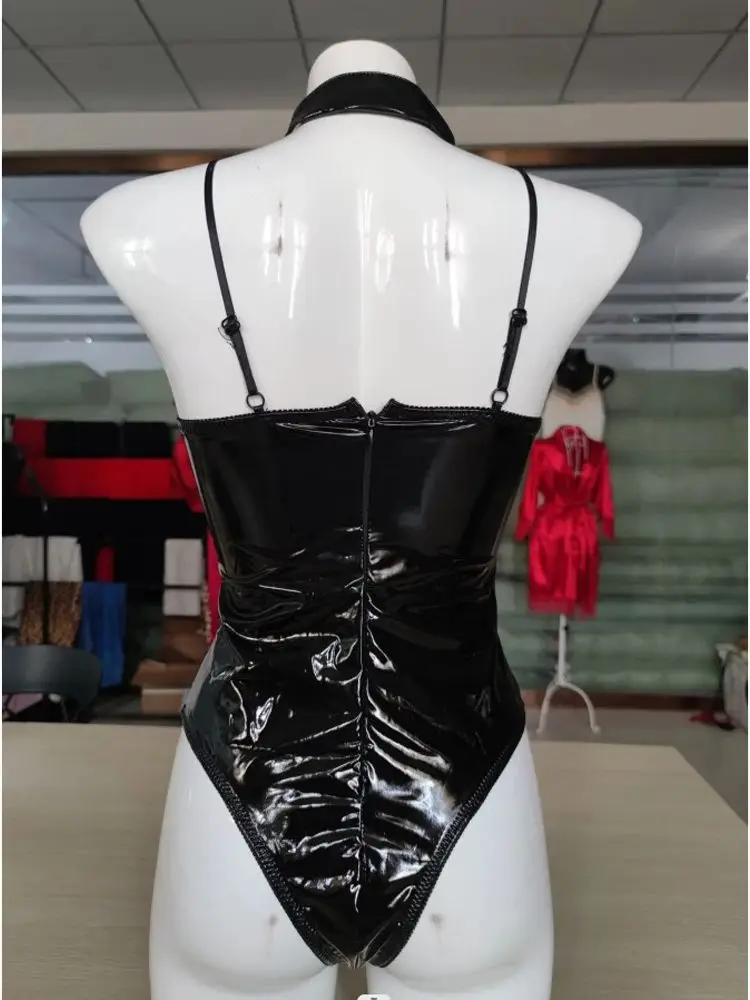 Catsuit de PVC sin mangas con cuello en V profundo para S-XXL, traje de baño de cuero PU brillante, medias, Body Sexy, peluches, leotardo para discoteca