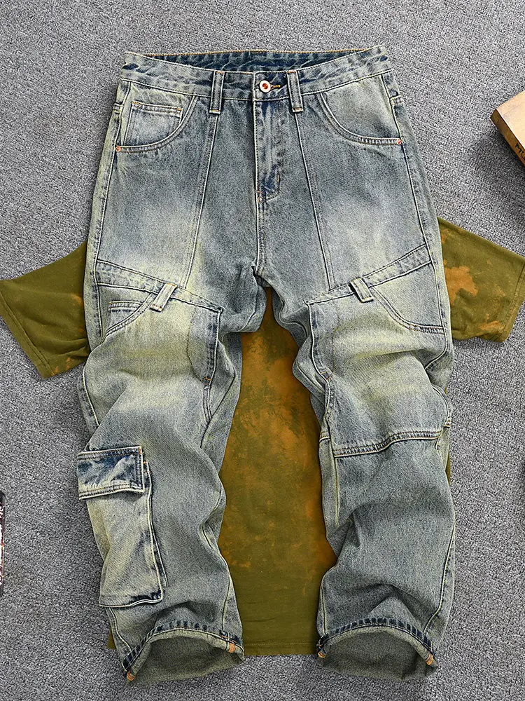 Men's American Vintage Washed Jeans, Loose Straight Wide Leg, Patchwork Multi-Pocket Cargo Denim Pants