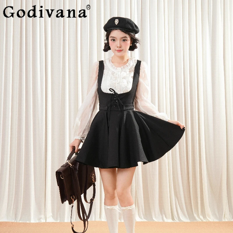 

Осенний черный комплект платья на бретелях для женщин, французская рубашка с воротником-стойкой, платье с высокой талией, комплект из двух предметов, женский японский костюм Лолиты