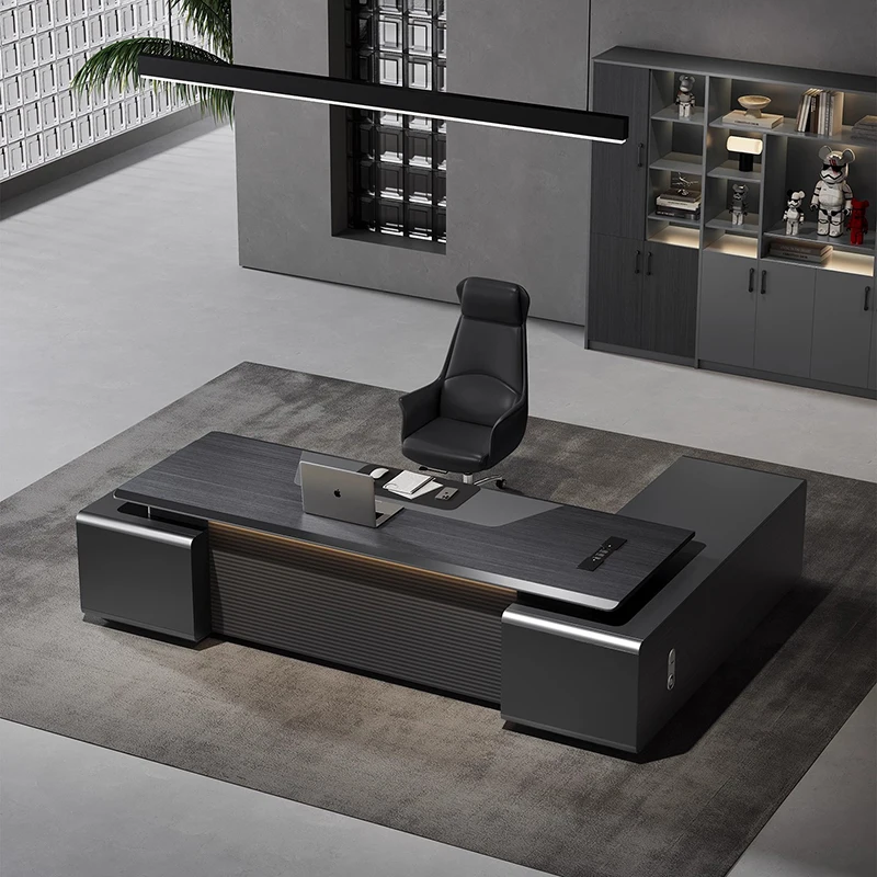 Scrivania direzionale di design estetico Scrivanie da ufficio di lusso moderne e resistenti nere Cassetti in legno Mobili per ufficio grandi Mesa De Escritorio