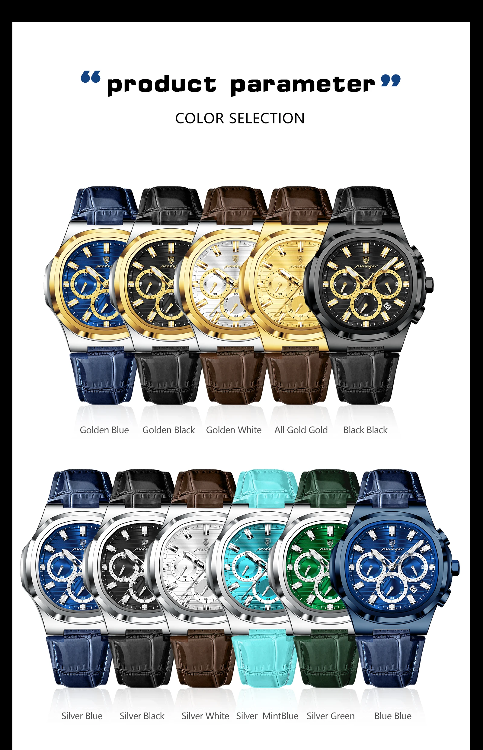 POEDAGAR Business-Herrenuhr Leder Wasserdicht Leuchtend Sport Herrenuhr Datum Chronograph Quarz Mode Herrenuhren Reloj – Detail 8