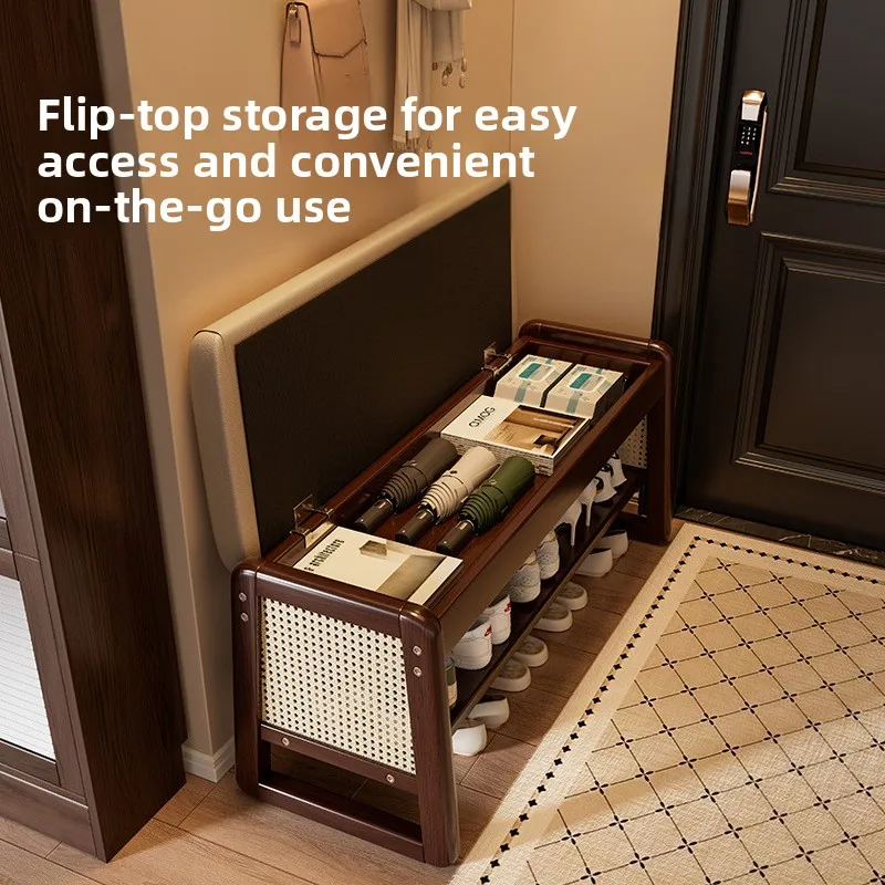 Light luxury solid wood shoe changing stool, flip storage shoe cabinet bench, high-end soft bag cushion shoe wearing stool