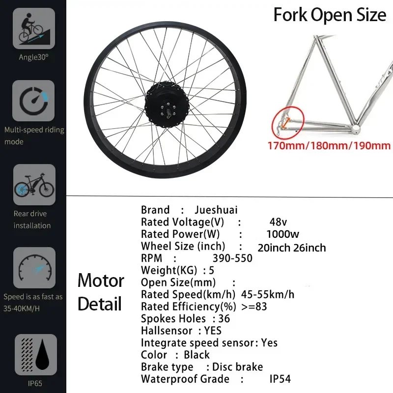 Fat Tire Ebike Conversion Kit 48V 1000W Hub Motor Wheel Kit Bicicleta Eléctrica 45-55KM/H Rated Speed with 13/20AH Battery