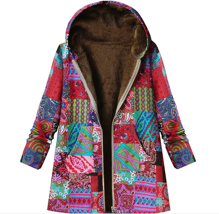 Autumn/ Winter Womens  Cotton And Linen Coat Striped Printed Zipper Hooded Jacket