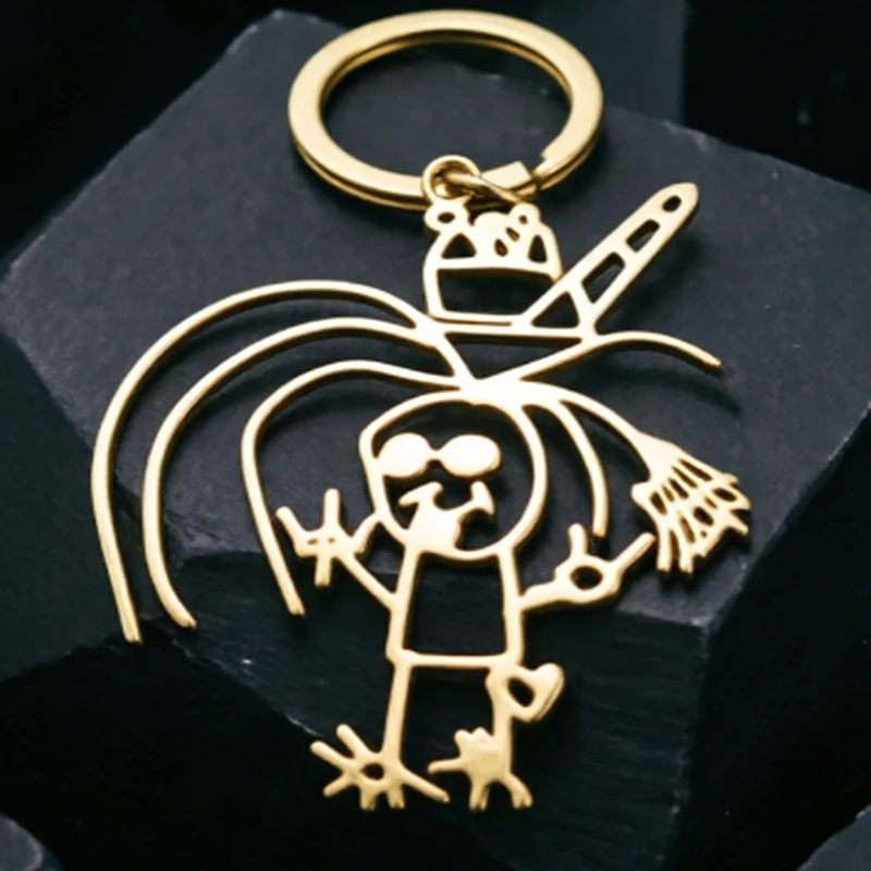 Custom Stainless Steel  Family Hand Drawing Keychain Personalized Engraving Kids Art Metal Key Ring Customized Memories Souvenir