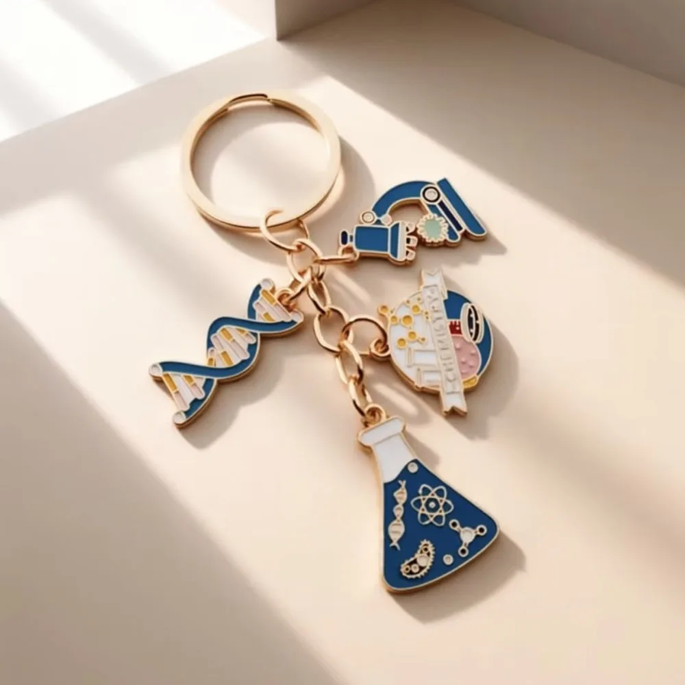 Kawaii Science Keychain Chemistry Lab DNA Microscope Charm Keyring Bag Pendant for Teachers Students