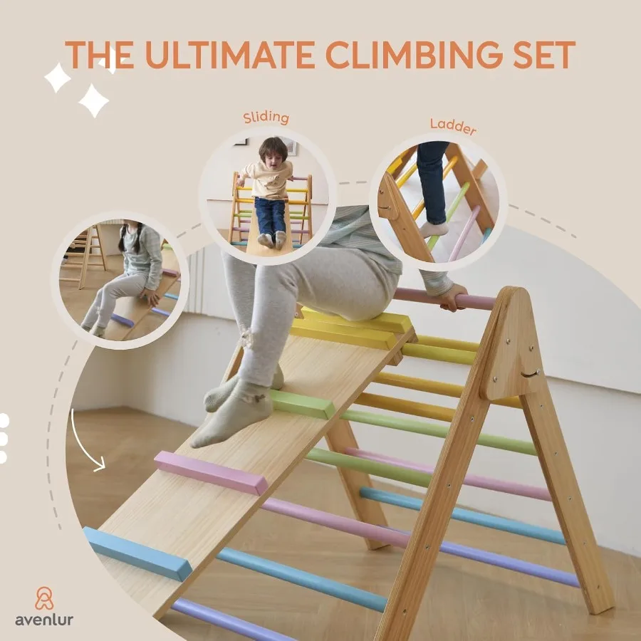 Olive 3 w 1 Składana Trójkątna Drabinka i Zjeżdżalnia Montessori Zestaw do Wspinaczki Drewniana Siłownia Wspinaczkowa do Użytku Wewnętrznego dla Dzieci w Wieku od 1 do 6 Lat