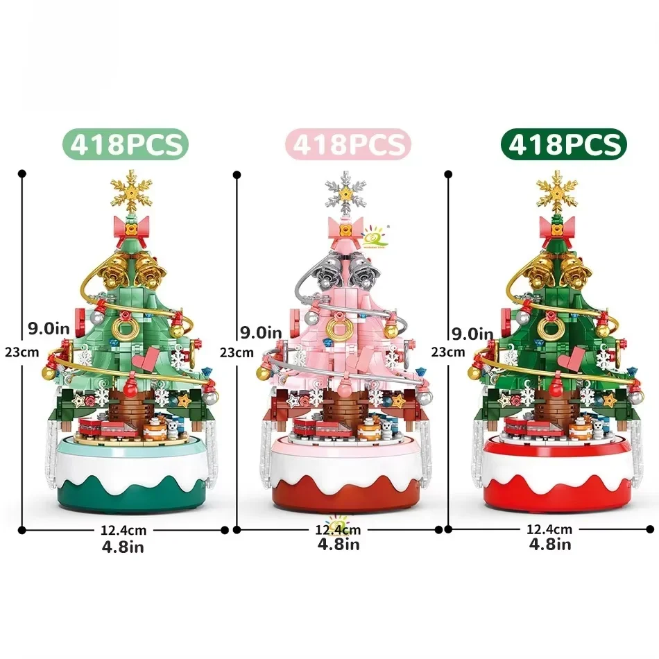 شجرة عيد الميلاد LED الدوارة الملونة 418 قطعة مكعبات بناء موسيقية لعبة تعليمية ديكور العطلة مع زخرفة ديكور للمنزل #5