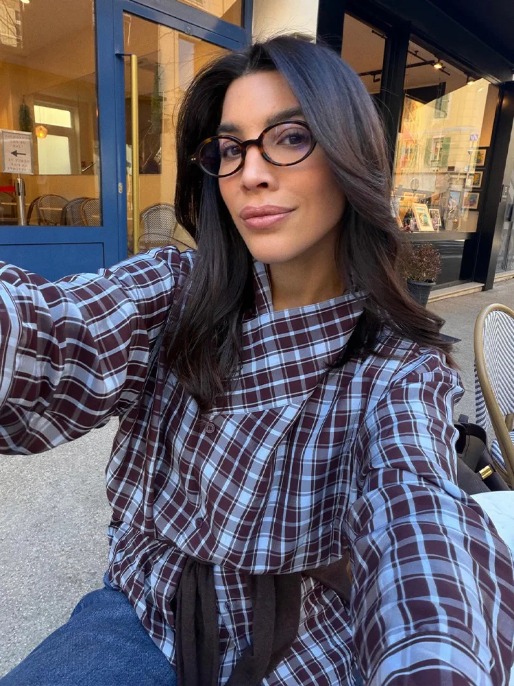 

HH New Woman Spring Fashion Comfortable Long Sleeves Lapel Decoration Solid Color Shirt Female Casual Versatile Plaid Tops