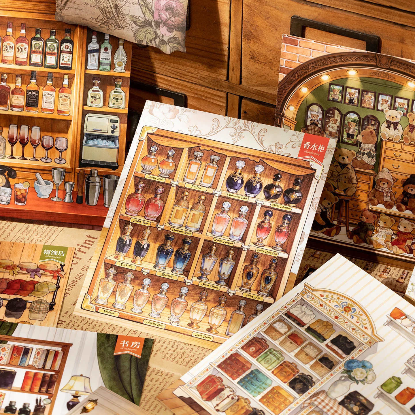 Vintage British Store Scene Sticker Book, Multi-subject 3D Scene Building Sticker Book, Journal Collage & Decorative Paper
